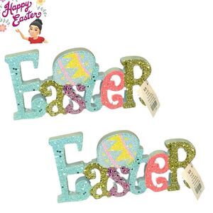 2x Easter Glittered Wood Block Decor Sign 9" Long